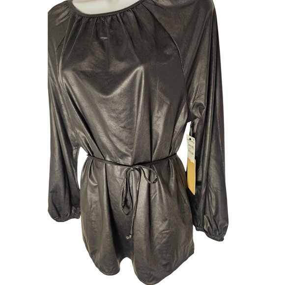 Halogen Black Faux Leather Lightweight Long Sleeve Top With Waist Tie Sz S COS M - Picture 3 of 7